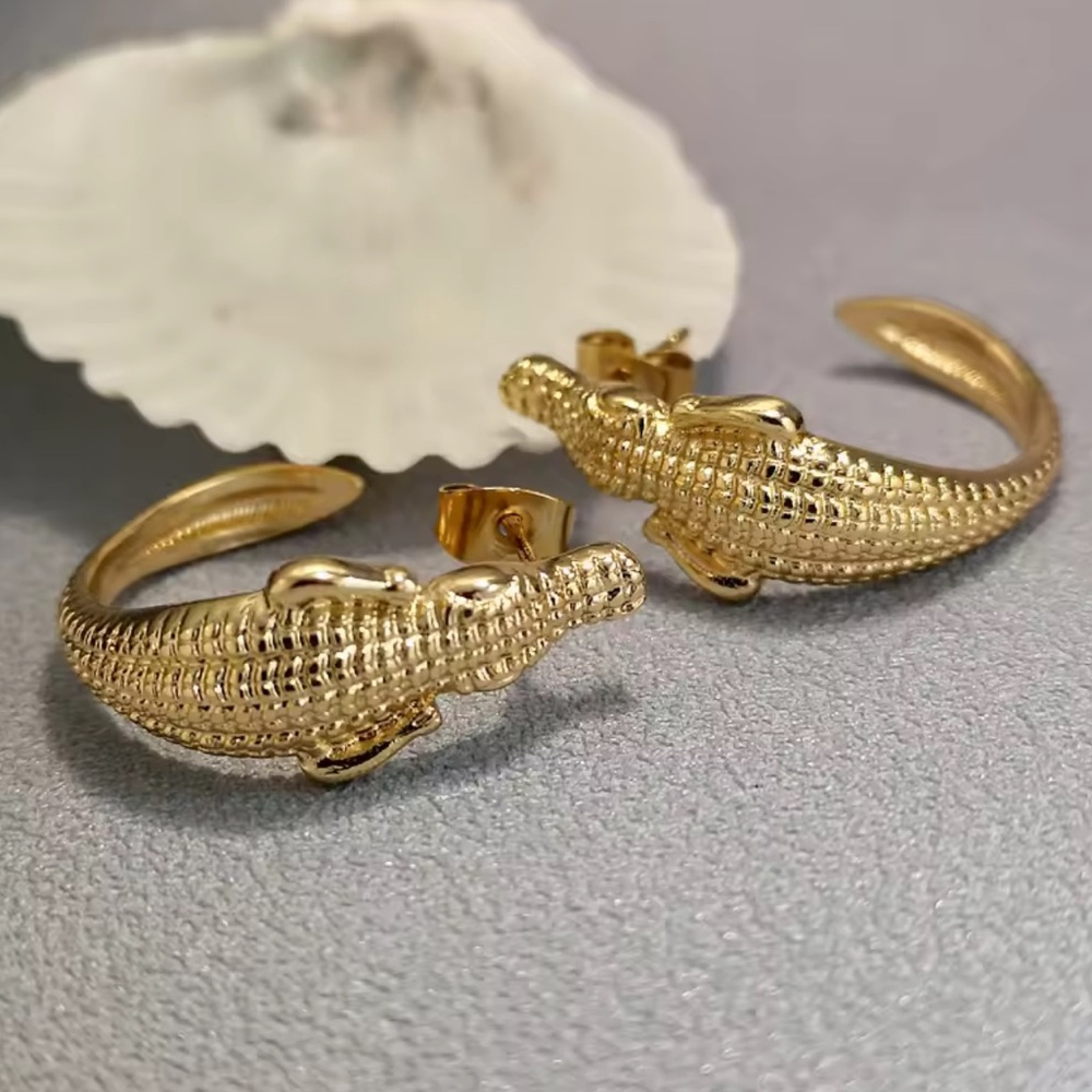 Anthro new Gold Crocodile Hoop Earrings - Picture 3 of 5